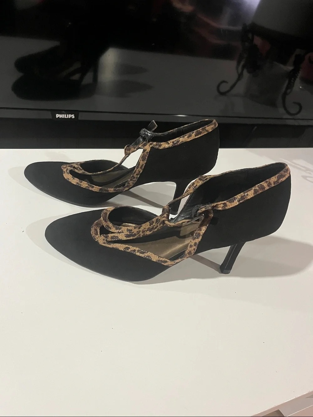 Impo Black Suede Pointed-Toe Heels with Leopard Trim